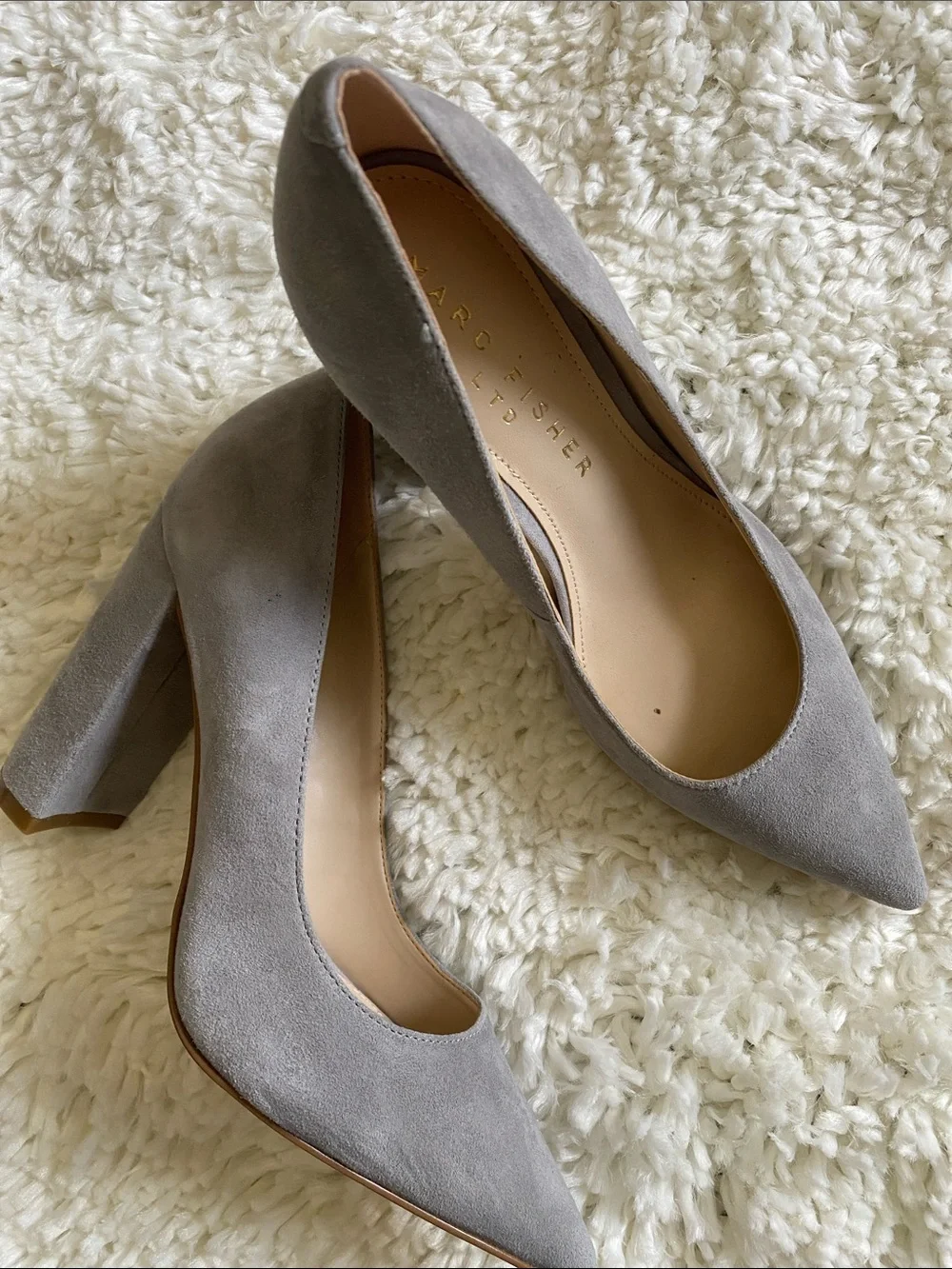Marc Fisher Light Gray Suede Block Heel Pumps
